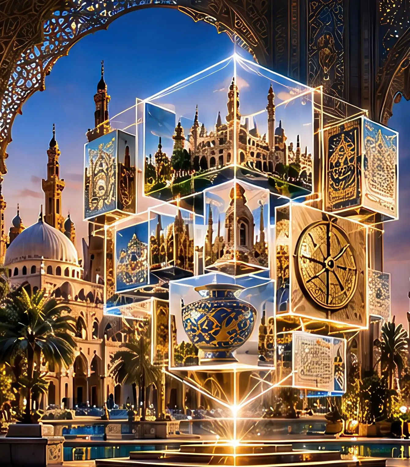 A glowing knowledge cube of heritage images rising inside an Islamic arch at dusk